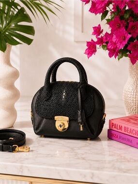 Ferragamo Fiamma Mini Stingray Satchel | Black Galuchat Leather | Top Handle Bag